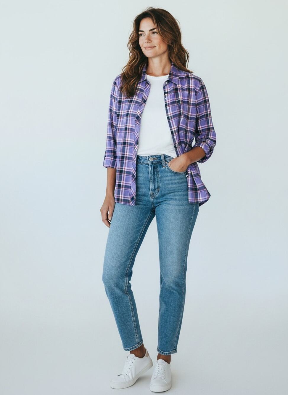 Talbots Purple Plaid Button Front Blouse Ladies XS Cotton Lightweight Shacket